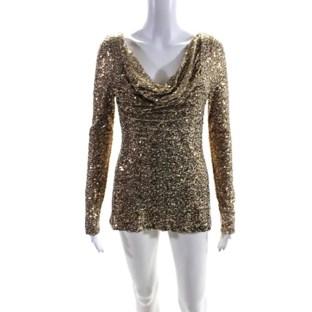 Badgley Mischka Womens Gold Sequins Drape Neck Long Sleeve Mini Dress Size S
